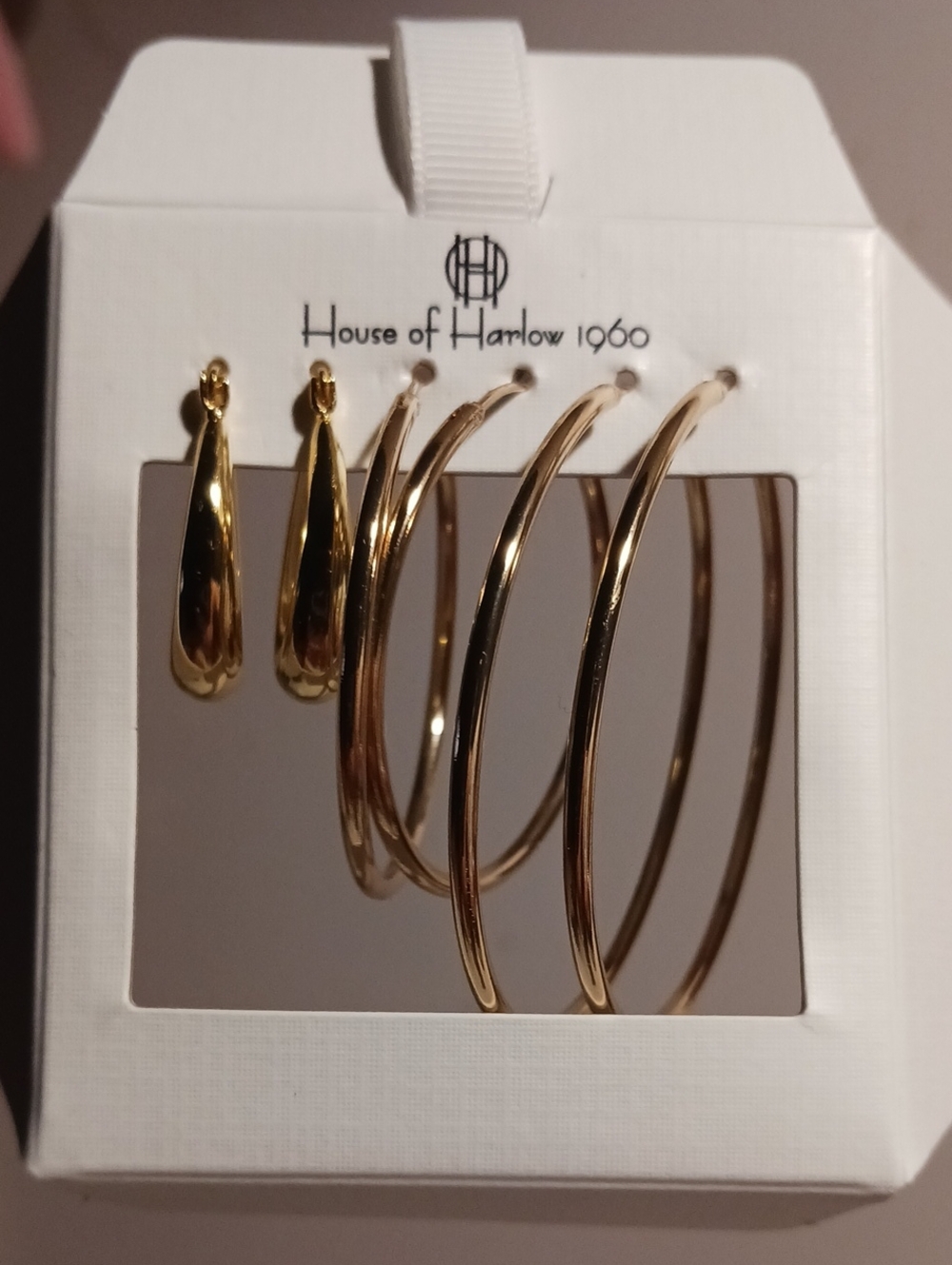 House of Harlow ⚜️ 1960 Polished Gold Hoop and Teardrop Earring Set Of 3 ⚜️